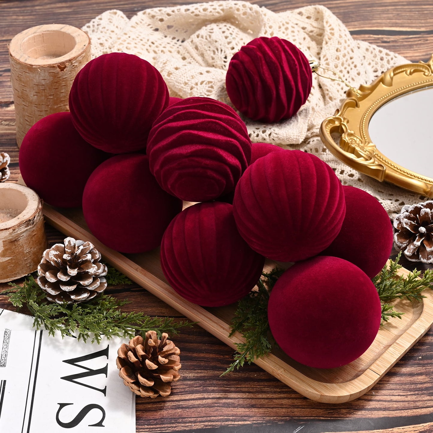 Lyacmy Velvet Christmas Ornaments Balls Flocked Christmas Tree 12PCS Plastic Balls Xmas Hanging Ornaments Decoration