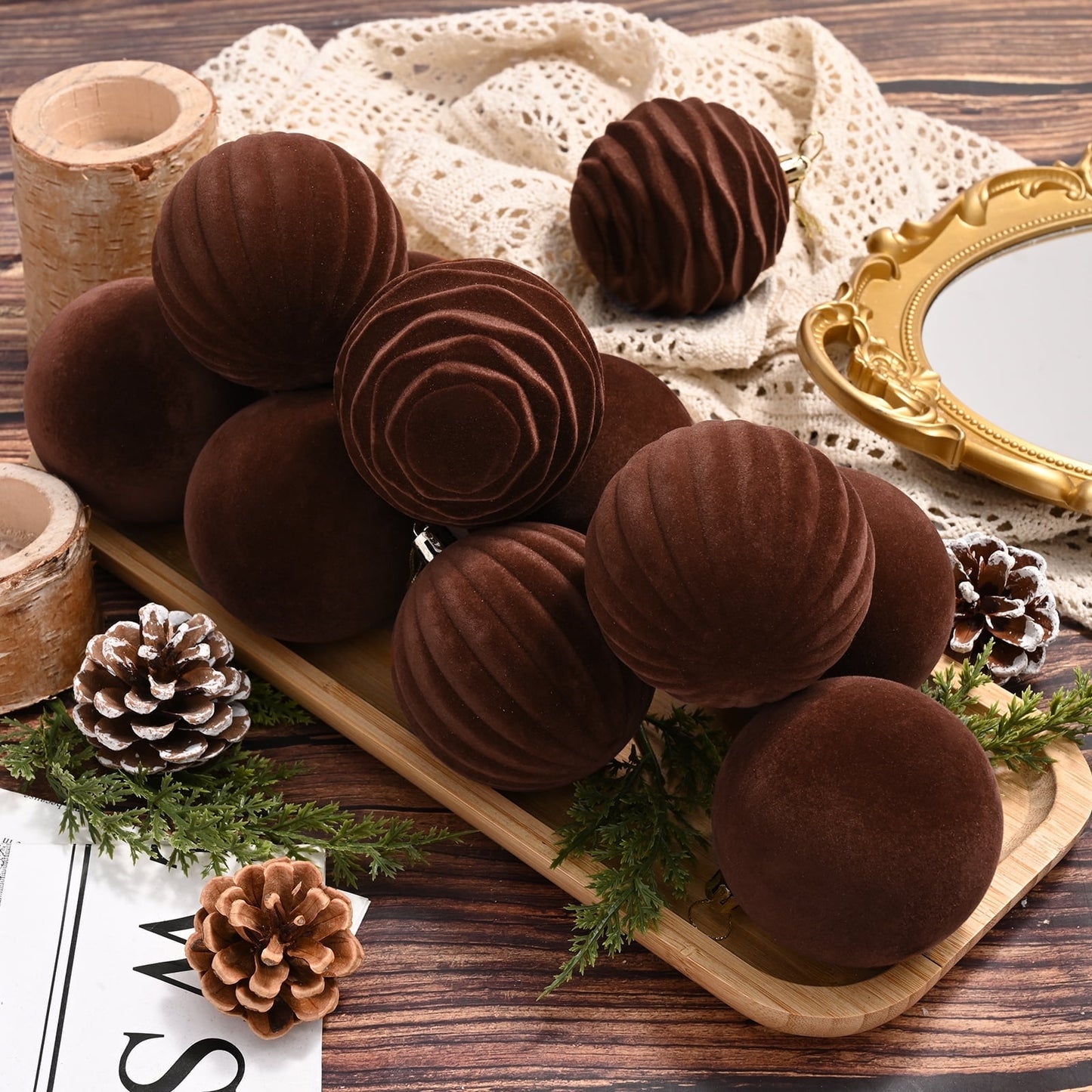 Lyacmy Velvet Christmas Ornaments Balls Flocked Christmas Tree 12PCS Plastic Balls Xmas Hanging Ornaments Decoration