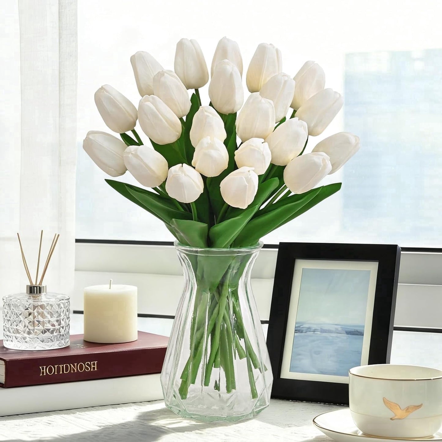 Lyacmy 12 Pack Tulips Artificial Flowers Indoor, Real Touch Latex Faux Tulips Flower with Large Full Buds for Spring Summer Table Centerpiece Decorations