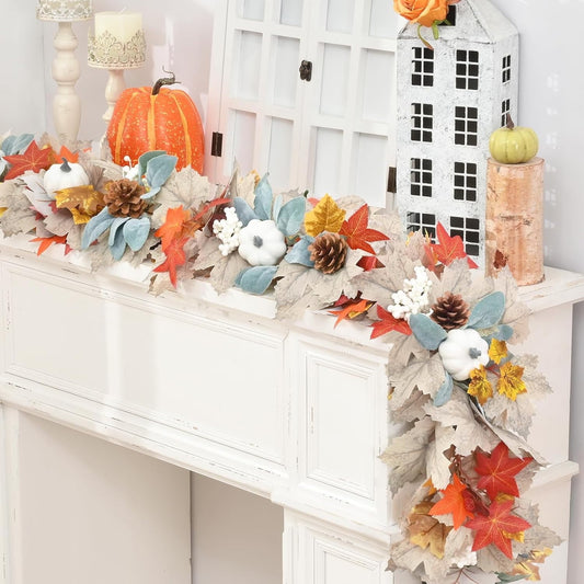 Lyacmy  Fall Garland for Mantle Fall Decorations for Home, Maples Leaves Fall Garland for Fall Decor Outdoor Indoor