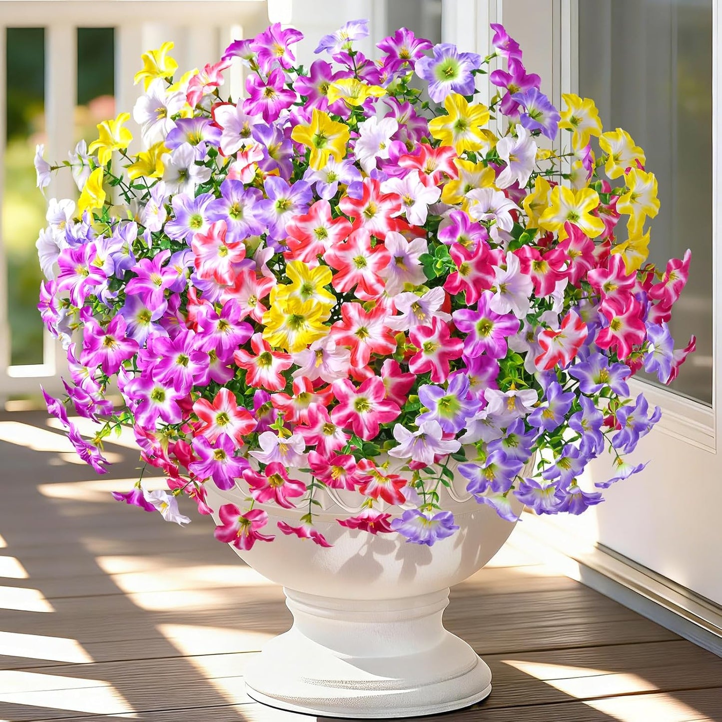 Yastouay 12 Bundles Artificial Petunias Flowers for Outdoors,UV Resistant Fake Flowers for Planters,Purple White Faux Petunias Silk Flowers for Proch Garden Yard Decor