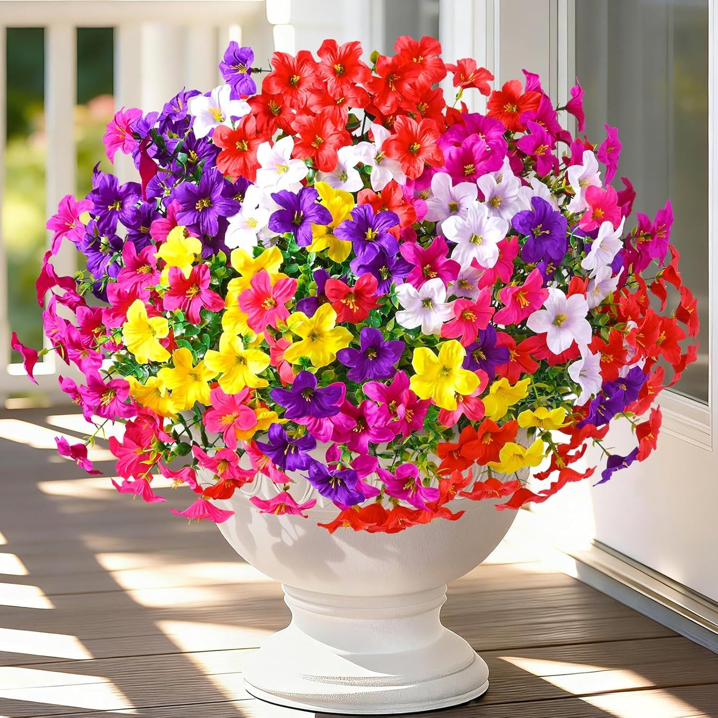 Yastouay 12 Bundles Artificial Petunias Flowers for Outdoors,UV Resistant Fake Flowers for Planters,Purple White Faux Petunias Silk Flowers for Proch Garden Yard Decor