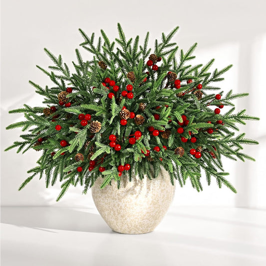 Yastouay 5pcs Christmas Norfolk Pine Stem,Artificial Chriatmas Pine Picks with Berries Pinecones for Christmas Decor