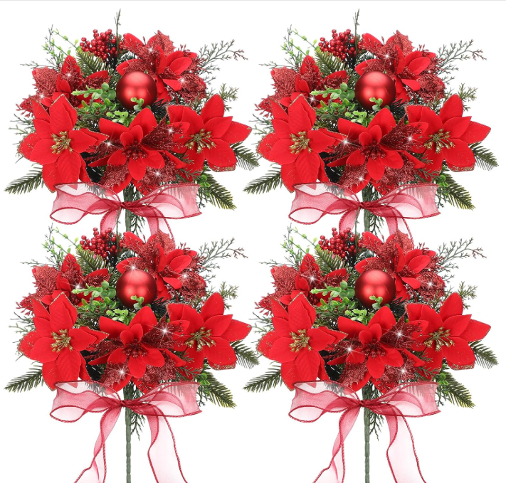 Yastouay 4 Pack Christmas Flowers Poinsettia Artificial Flowers,13.8inch Faux Red Velvet Poinsettia for Indoor Outdoor Christmas Decor