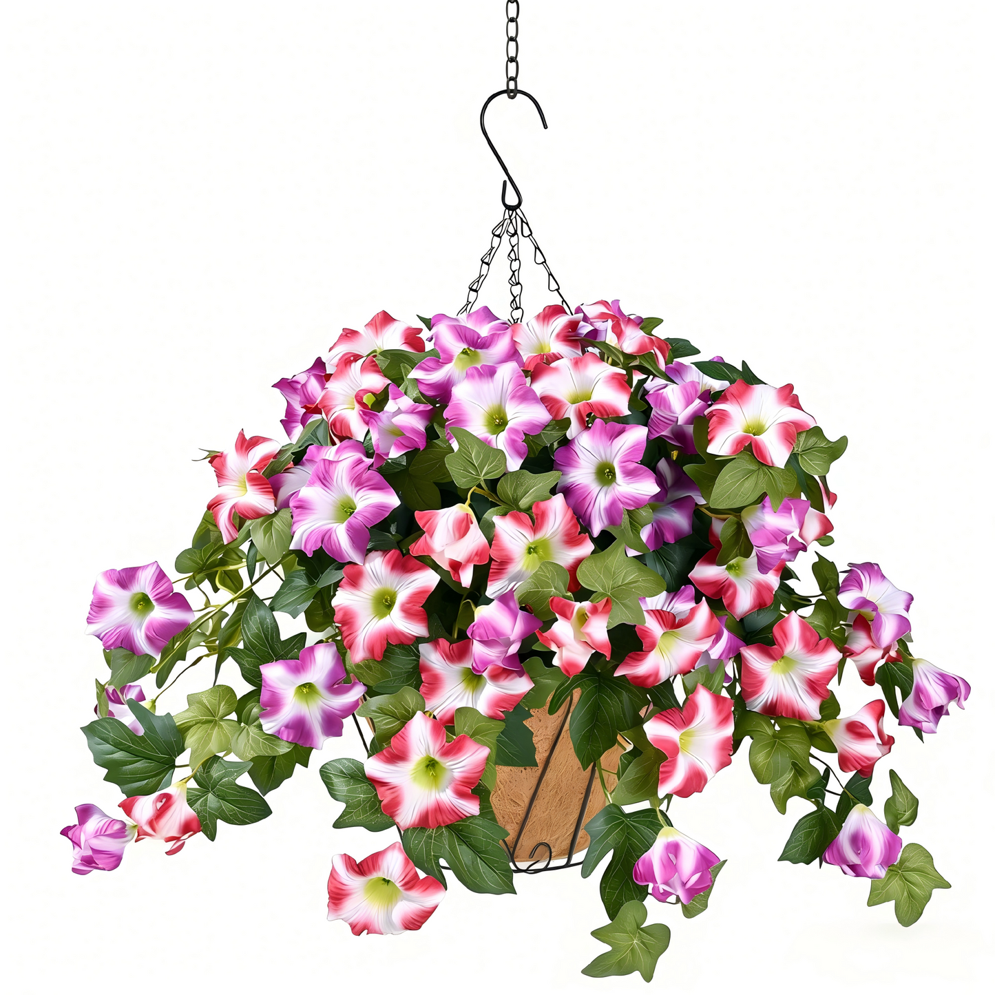 Yastouay 3Pcs Artificial Petunias Hanging Baskets,Purple White UV Resistant Artificial Hanging Flowers for Outdoors,Easter Basket for Home Garden Porch Decor