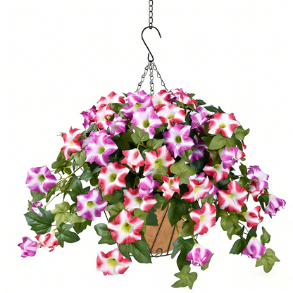 Yastouay 3Pcs Artificial Petunias Hanging Baskets,Purple White UV Resistant Artificial Hanging Flowers for Outdoors,Easter Basket for Home Garden Porch Decor