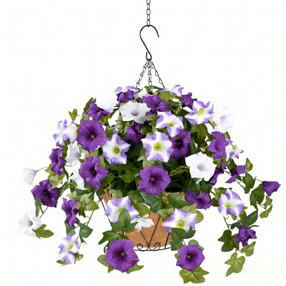 Yastouay 3Pcs Artificial Petunias Hanging Baskets,Purple White UV Resistant Artificial Hanging Flowers for Outdoors,Easter Basket for Home Garden Porch Decor