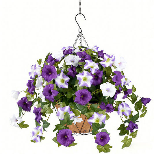 Yastouay 3Pcs Artificial Petunias Hanging Baskets,Purple White UV Resistant Artificial Hanging Flowers for Outdoors,Easter Basket for Home Garden Porch Decor