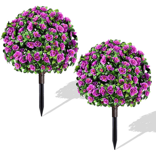 Yastouay 2 Pack Artificial Flowers Topiary with Ground Spikes Fake Bushes UV Resistant Faux Shrubs for Outdoor Garden Decor(Purple)