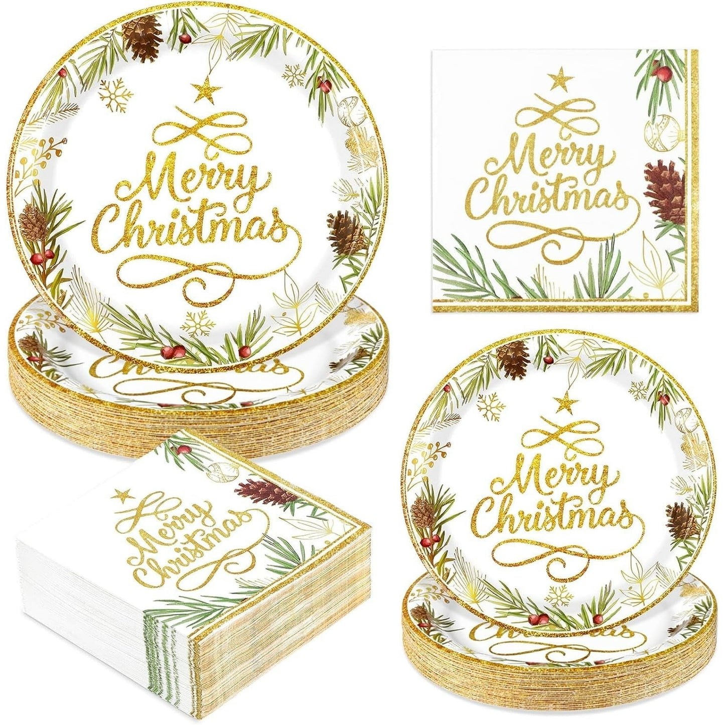 Sevenstars 200 PCS Christmas Paper Plates and Napkins Poinsettia Party Supplies Xmas Disposable Tableware Set for Party Decoration