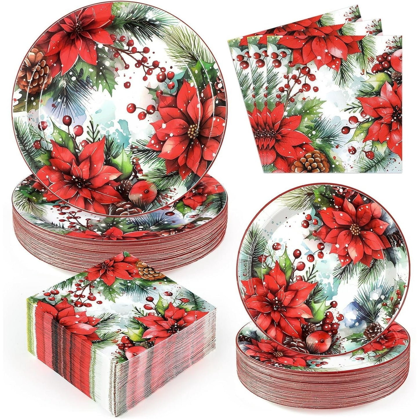 Sevenstars 200 PCS Christmas Paper Plates and Napkins Poinsettia Party Supplies Xmas Disposable Tableware Set for Party Decoration