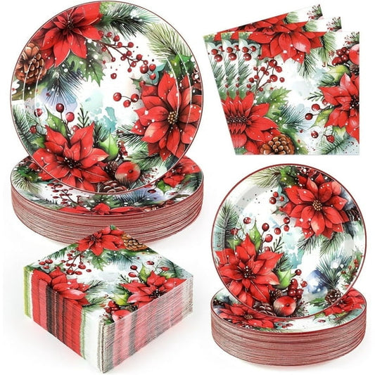 Sevenstars 200 PCS Christmas Paper Plates and Napkins Poinsettia Party Supplies Xmas Disposable Tableware Set for Party Decoration