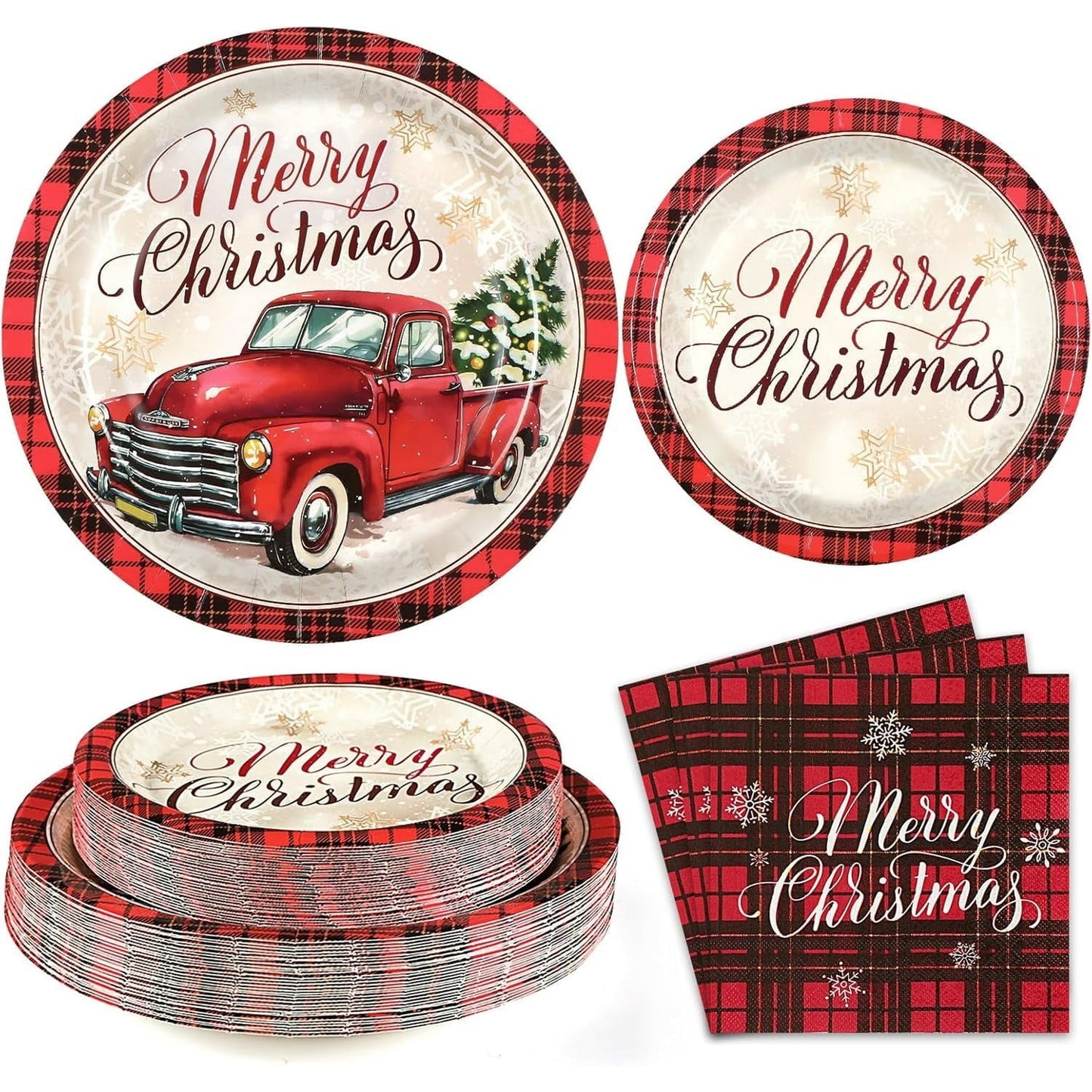 Sevenstars 200 PCS Christmas Paper Plates and Napkins Poinsettia Party Supplies Xmas Disposable Tableware Set for Party Decoration