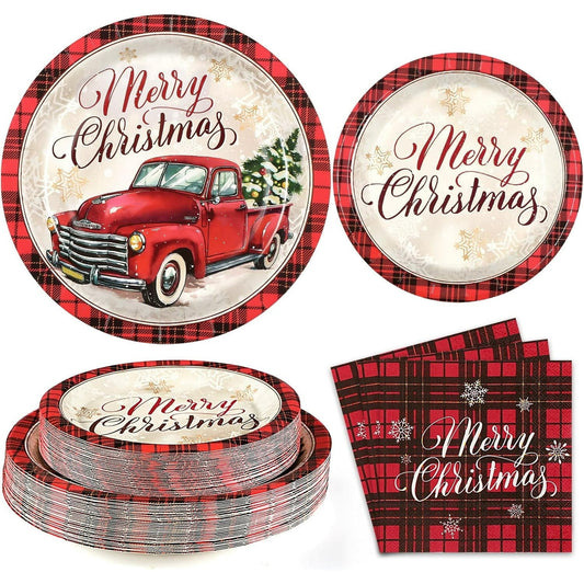 Sevenstars 200 PCS Christmas Paper Plates and Napkins Poinsettia Party Supplies Xmas Disposable Tableware Set for Party Decoration