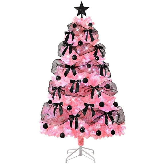 Sevenstars 6FT Pink Christmas Tree With Black Bows,Artificial Christmas Tree (With LED) For Decoration