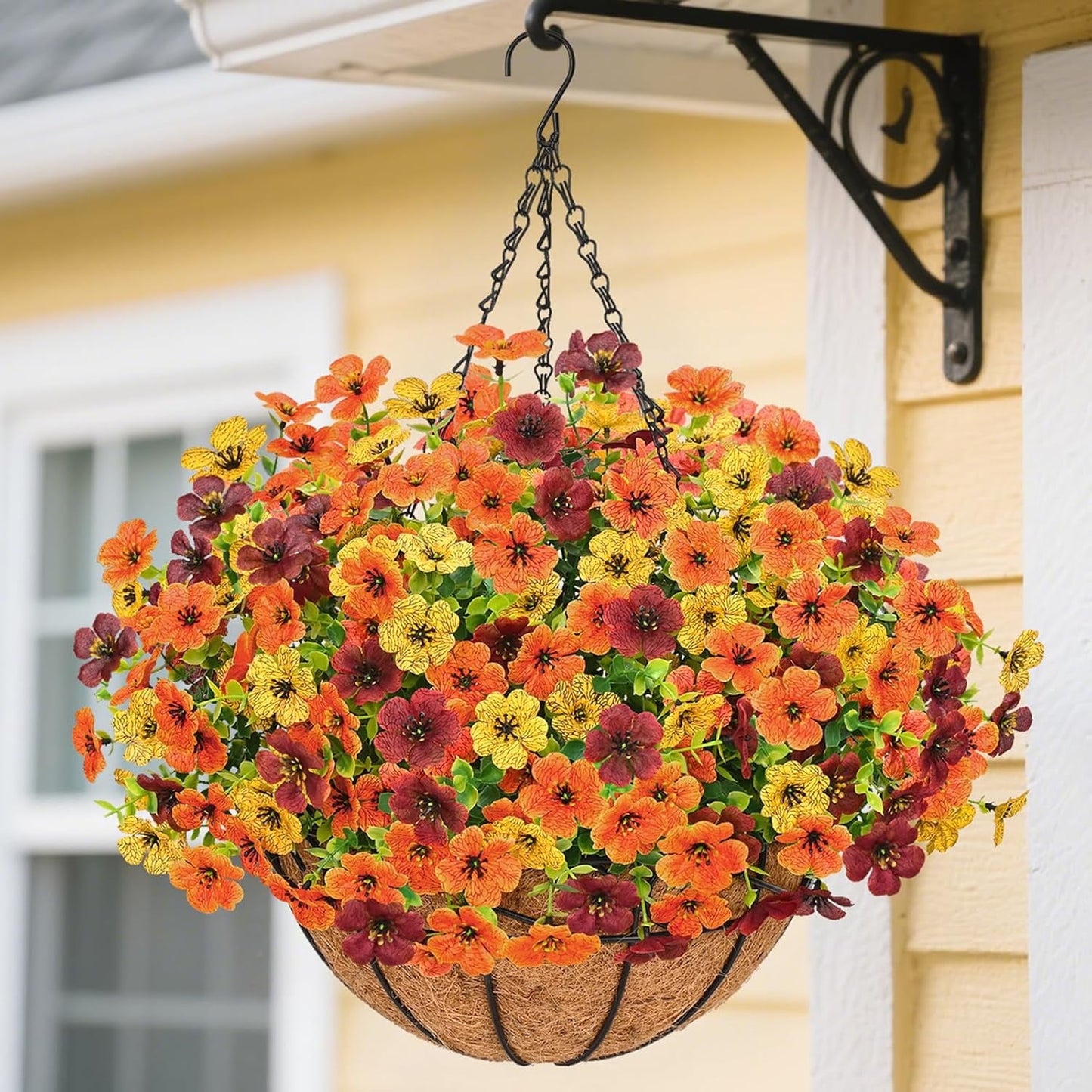 Lyacmy Fall Fake Hanging Flowers With Basket,12 Bundles Fake Voilet Artificial Flowers for Outdoors Fall Decorations for Home(Yellow,Orange)
