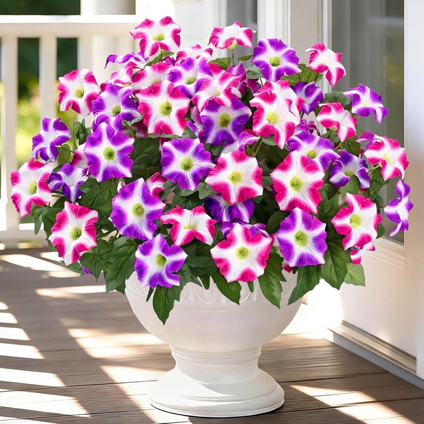 Yastouay Artificial Fake Flowers for Outdoor,4 Pcs No Fade Faux Petunias,UV Resistant Realistic Silk Flowers,for Garden Balcony Yard Porch Deco,Purple/White