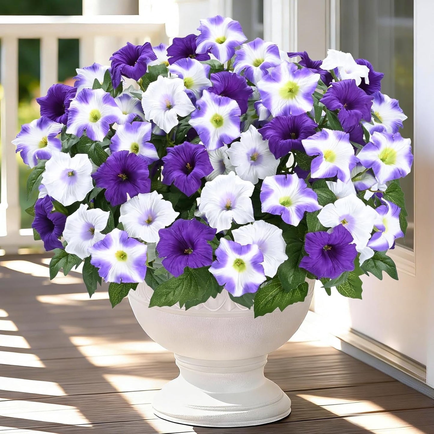 Yastouay Artificial Fake Flowers for Outdoor,4 Pcs No Fade Faux Petunias,UV Resistant Realistic Silk Flowers,for Garden Balcony Yard Porch Deco,Purple/White
