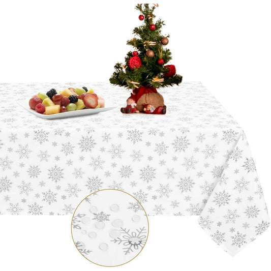 Sevenstars Christmas Tablecloth Gold Snowflake Table Cloth White Rectangle Table Cover for Dinner Party, 60" x 84"