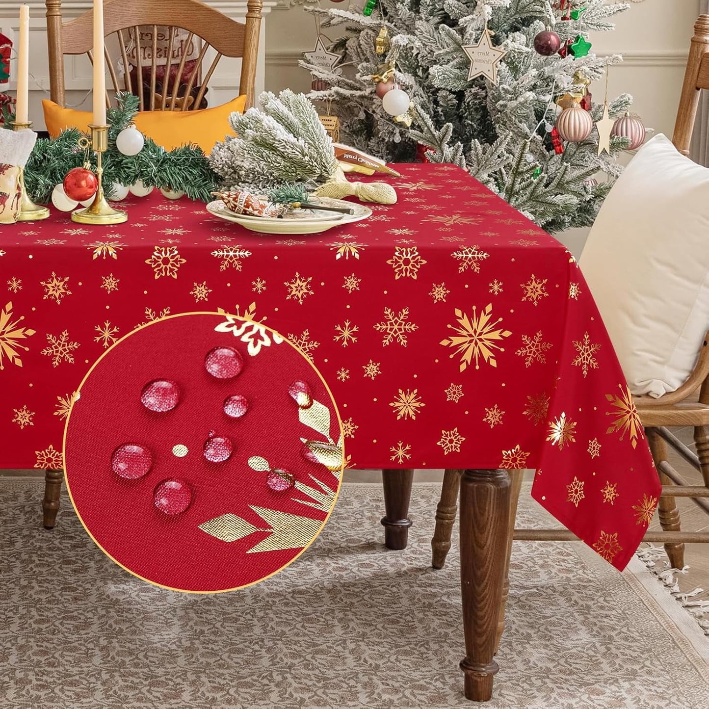 Sevenstars Gold Snowflake Tablecloth Christmas Tablecloth White Square Table Cover for Dinner Party, 55" x 55"
