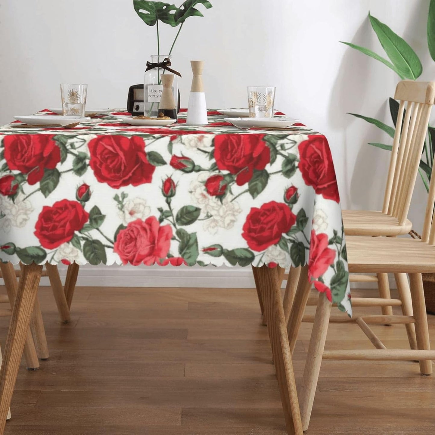 Sevenstars Floral Tablecloth Rectangle Faux Linen Table Cloth with Rose for Kitchen Romantic Dinner 60" x 84", Polyester Fabric