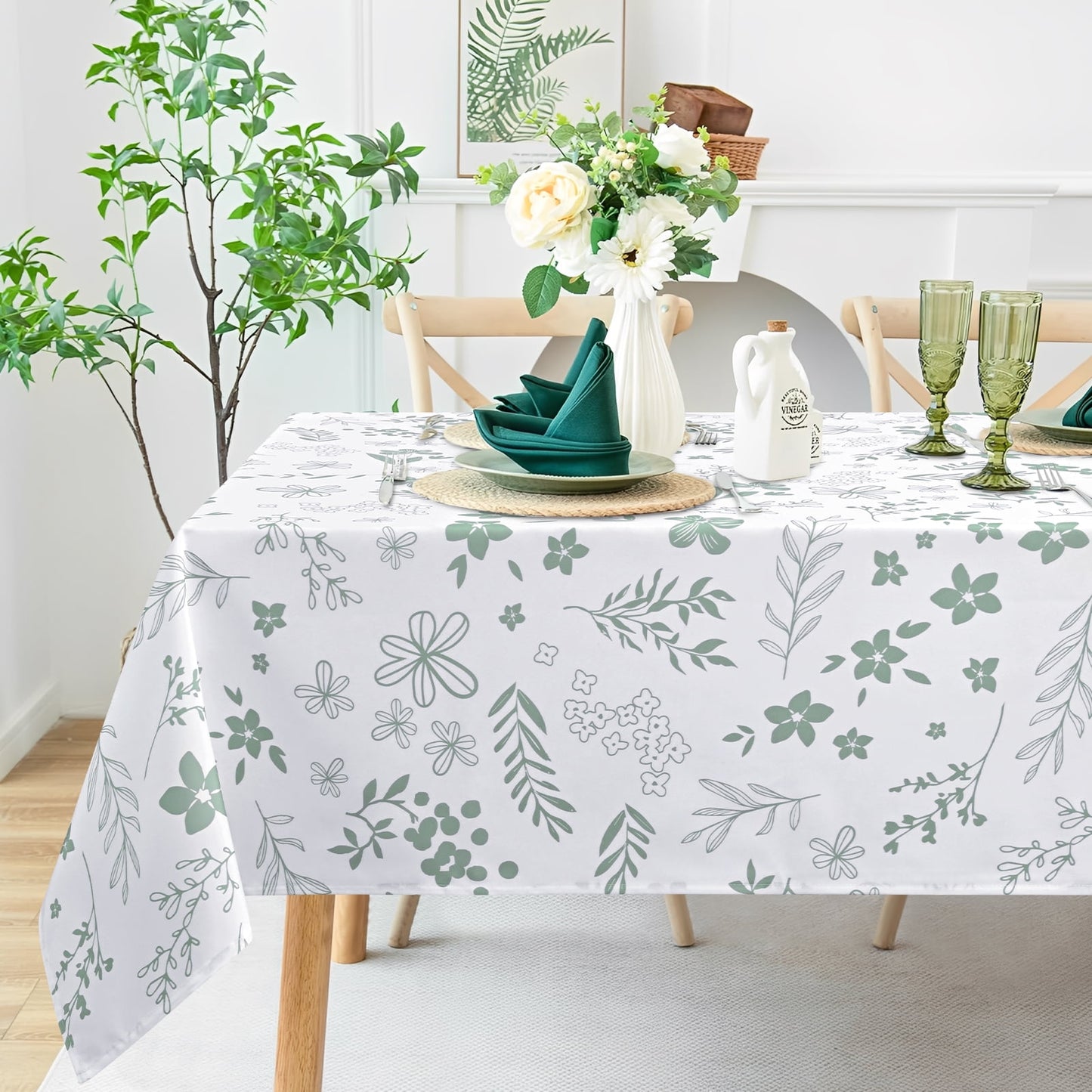Sevenstars Spring Floral Tablecloth Rectangular Green Flower Printed Table Cover for Kitchen Dinner Decor,Waterproof,60" x 84"