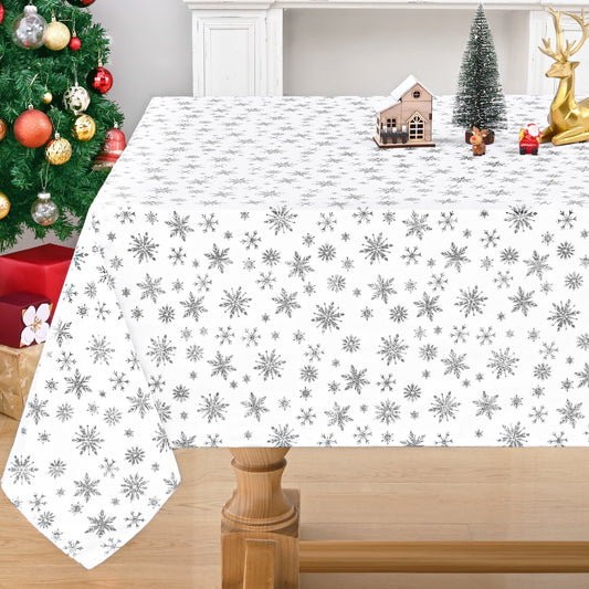 Sevenstars Silver Snowflake Tablecloth Christmas Tablecloth White Rectangle Table Cover for Dinner Party, 60" x 120"