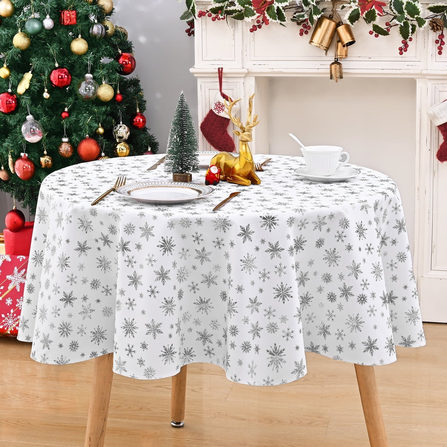 Sevenstars Silver Snowflake Tablecloth Christmas Tablecloth White Rectangle Table Cover for Dinner Party, 60" x 120"