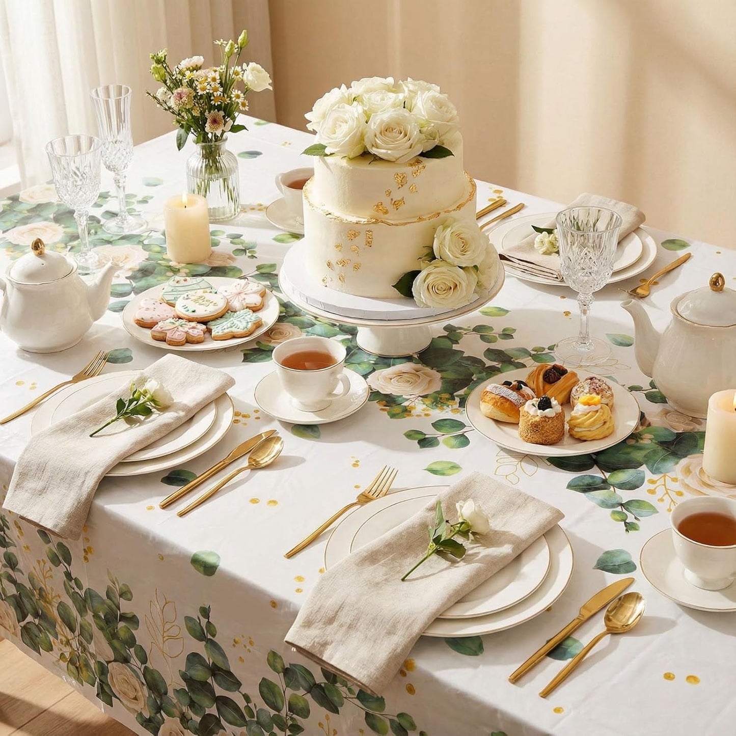 Sevenstars White Floral Tablecloth Green Leaves Pink Rose Retangle Table Cloth Waterproof for Spring Dinner Decor,60"x84"