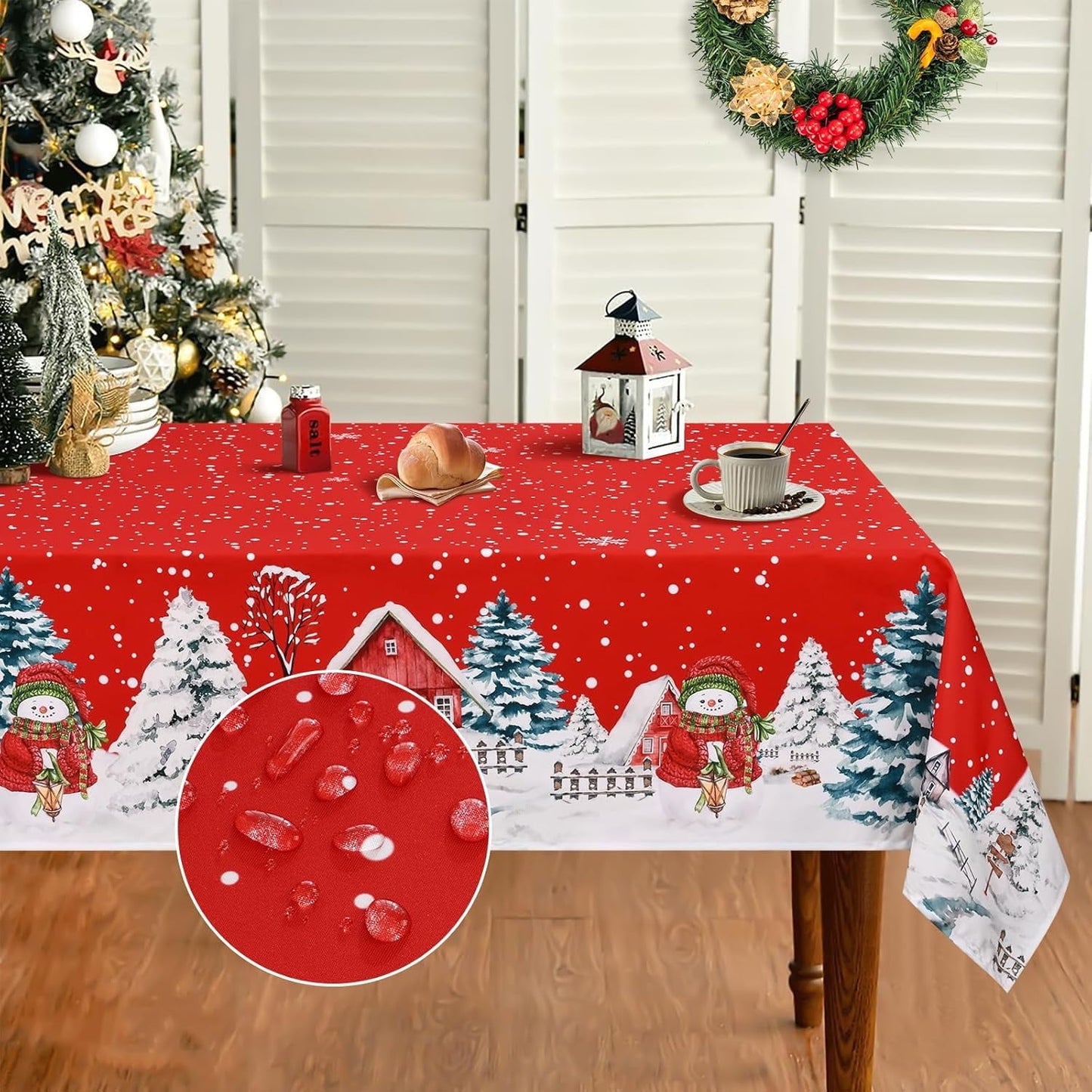 Sevenstarts Christmas Tablecloth Christmas Tree Snowman Tablecloth Red Rectangle Table Cover for Xmas Dinner Party, 60" x 84"