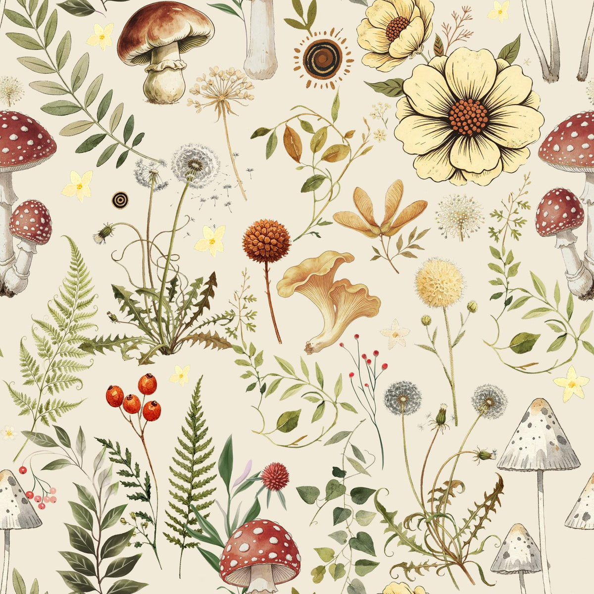 Caltero Floral Wallpaper Peel and Stick Wallpaper Boho Mushroom Wallpaper Contact Paper Vinyl Removable Self-Adhesive Stick on Wallpaper 17.3" x 118"