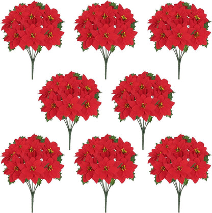 Waipfaru 8pcs Artificial Poinsettia Bushes,14 inch Faux Red Velvet Poinsettia Flowers for Indoor Outdoor Christmas Tree Home Porch Decorations