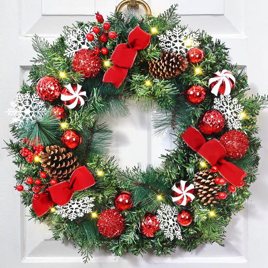 Waipfaru Christmas Wreath for Front Door,18 inch Pre-lit Artificial Holiday Wreath with Ball Ornaments,Battery Operated, Front Door Christmas Decorations Indoor Outdoor