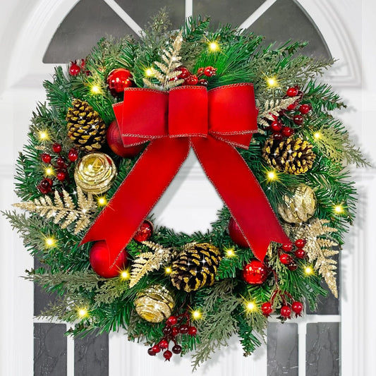 Waipfaru Prelit Christmas Wreath with Lights,16 inch Artificial Holiday Wreath with Red Bow,Battery Operated, Front Door Christmas Decorations Indoor Outdoor