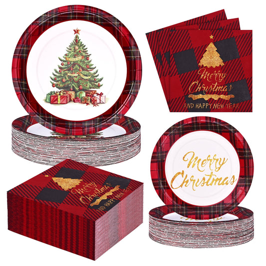 Waipfaru 200 Pcs Merry Christmas Dinnerware Set,Christmas Tree Paper Plates, Napkins & Party Supplies for 50 Guests