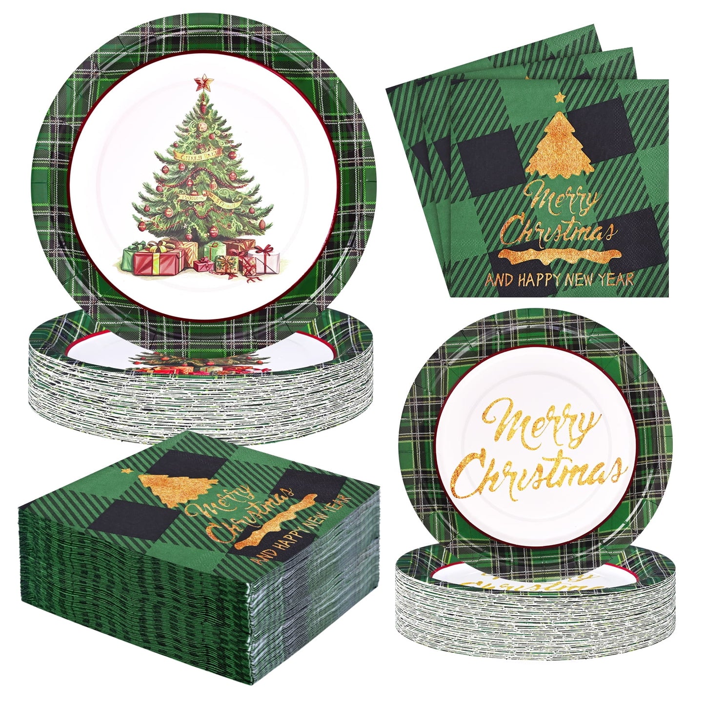Waipfaru 200 Pcs Merry Christmas Dinnerware Set,Christmas Tree Paper Plates, Napkins & Party Supplies for 50 Guests