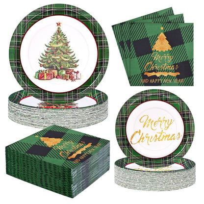 Waipfaru 200 Pcs Merry Christmas Dinnerware Set,Christmas Tree Paper Plates, Napkins & Party Supplies for 50 Guests