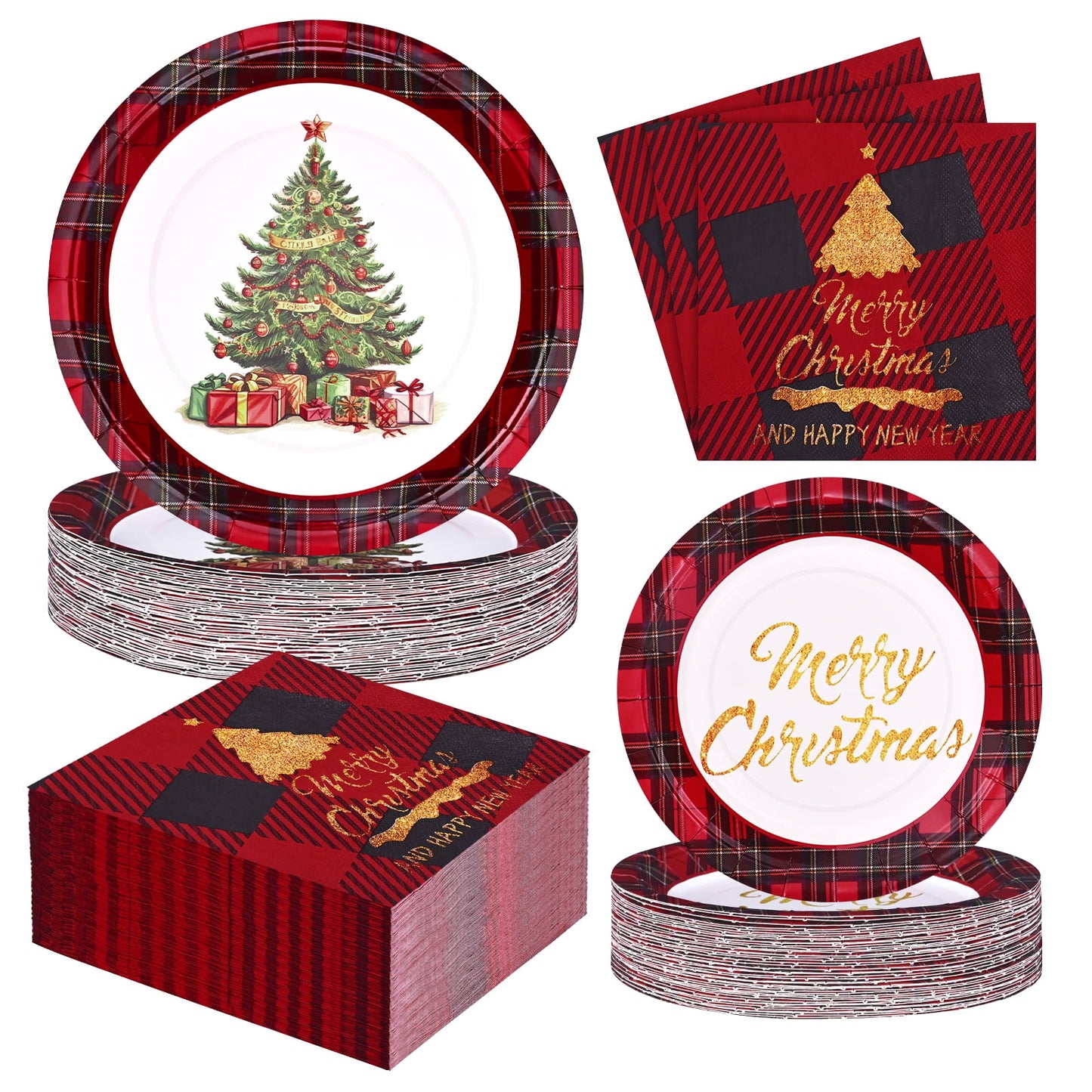 Waipfaru 200 Pcs Merry Christmas Dinnerware Set,Christmas Tree Paper Plates, Napkins & Party Supplies for 50 Guests