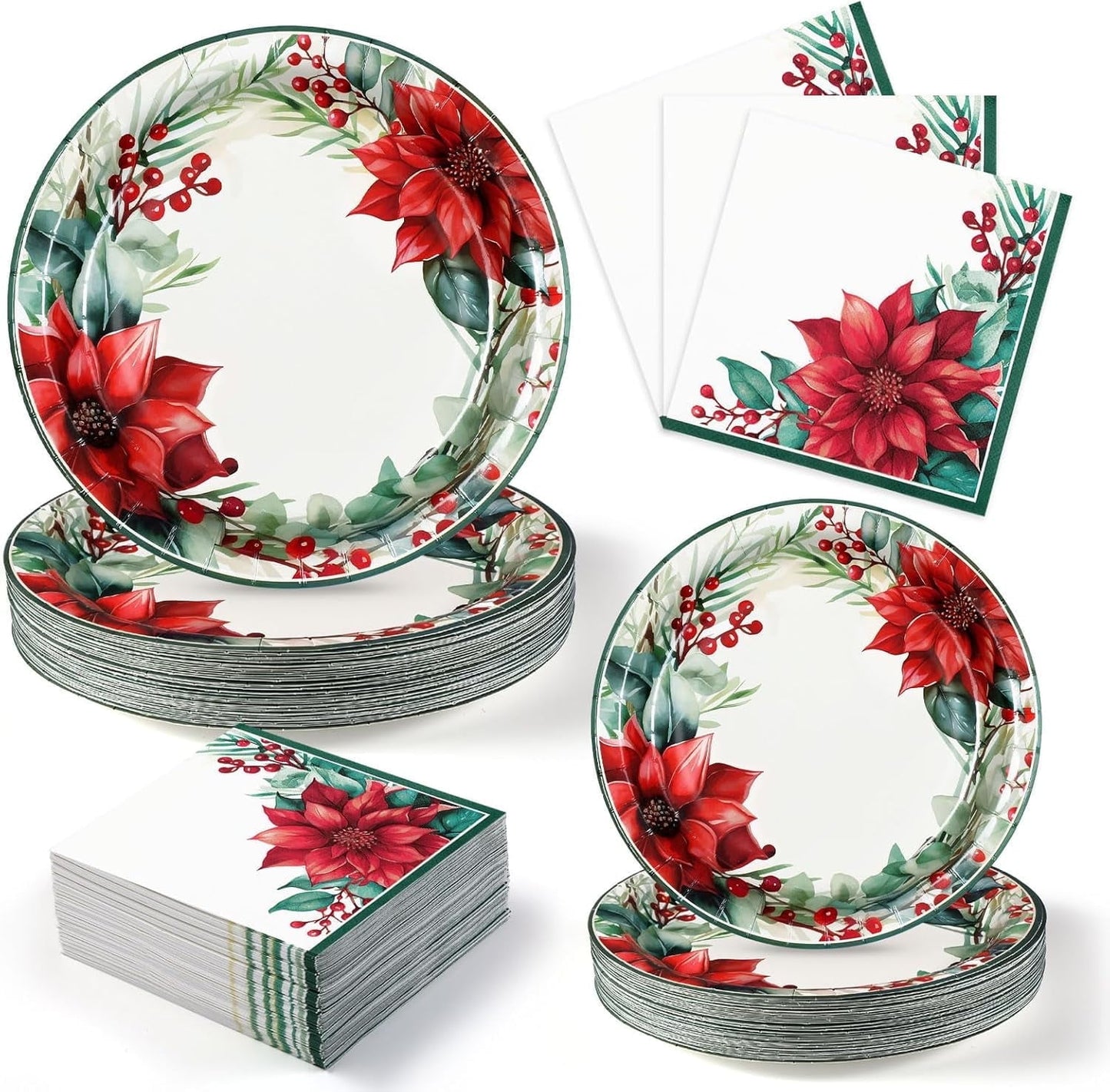 Waipfaru 200 PCS Christmas Paper Plates and Napkins Disposable, Christmas Poinsettia Printed Round Disposable Plates for Christmas Holiday Dinner Birthday Party Supplies
