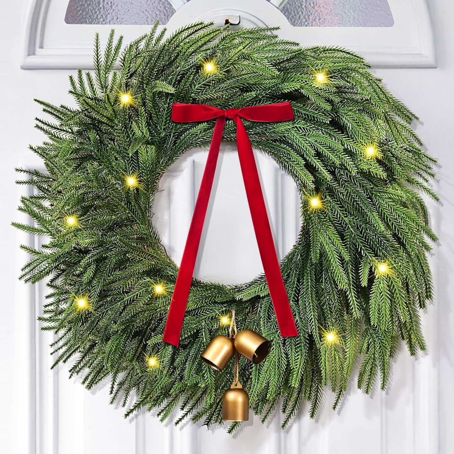 Waipfaru Norfolk Christmas Wreath with Lights,24 inch Pre-lit Artificial Holiday Wreath with Bow & Bells, Battery Operated, Front Door Christmas Decorations Indoor Outdoor