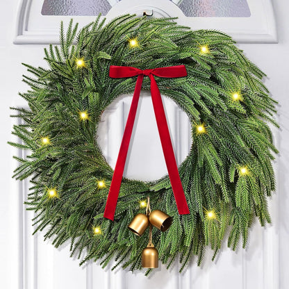 Waipfaru Norfolk Christmas Wreath with Lights,24 inch Pre-lit Artificial Holiday Wreath with Bow & Bells, Battery Operated, Front Door Christmas Decorations Indoor Outdoor