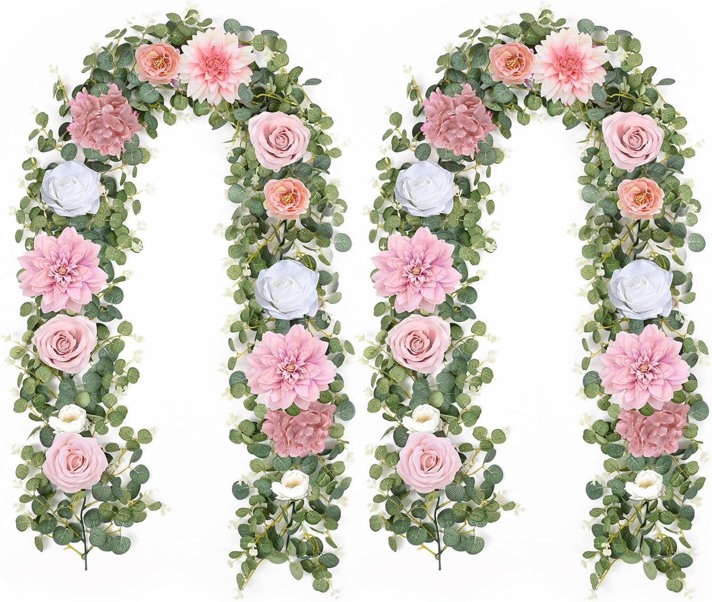 Waipfaru 6.07ft Pink Flower Garland, Artificial Eucalyptus Garland with Pink Roses, Fake Rose Floral Greenery Garland for Wedding Arch Table Wall Room Decor