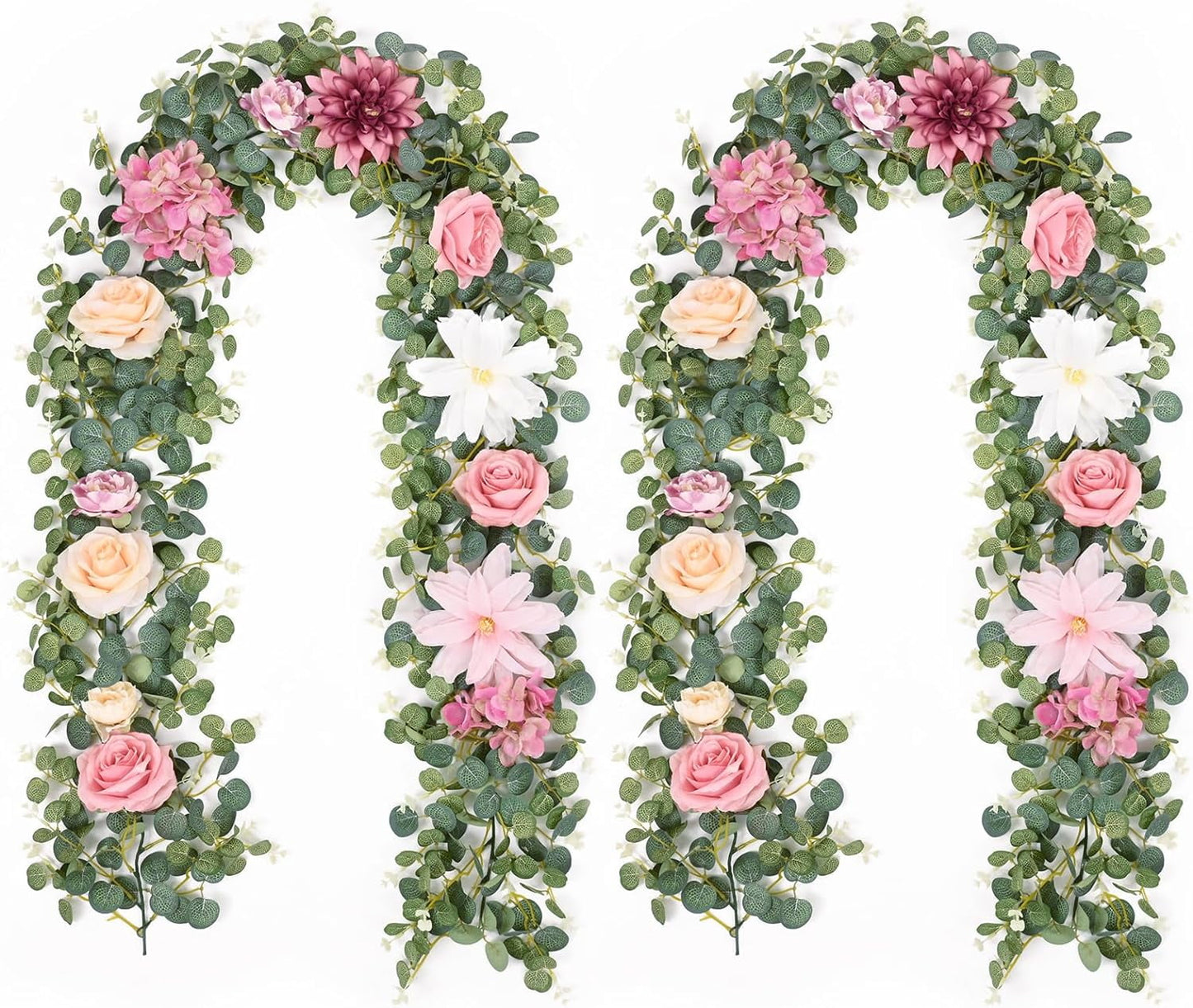 Waipfaru 6.07ft Pink Flower Garland, Artificial Eucalyptus Garland with Pink Roses, Fake Rose Floral Greenery Garland for Wedding Arch Table Wall Room Decor