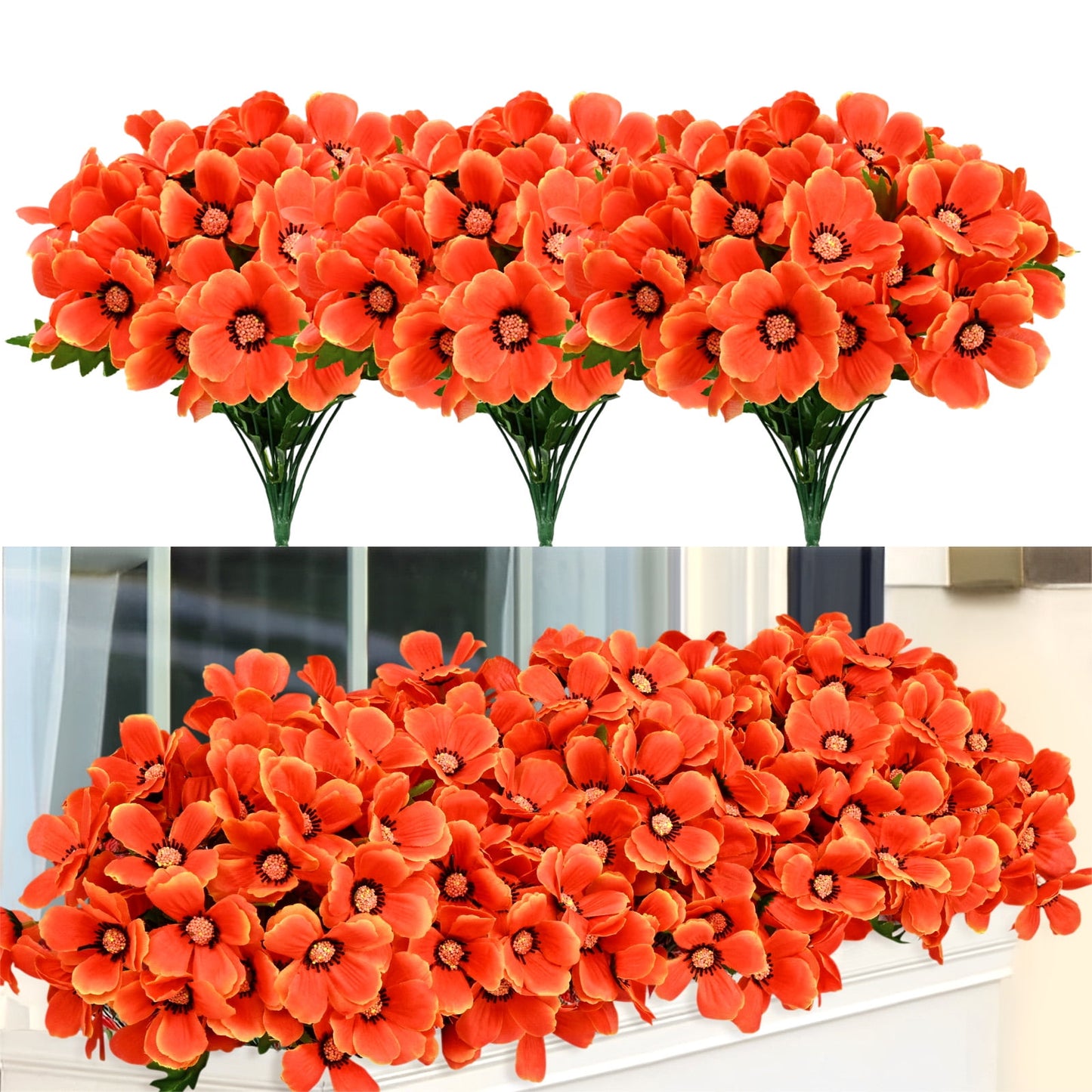 Waipfaru 4 Bundles Artificial Fall Flowers for Outdoors, UV Resistant Faux Outdoor Plastic Greenery Shrubs Plants,Lifelike Silk Flowers for Home Garden Decor