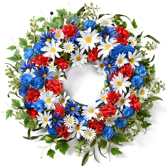 Waipfaru 4th of July Patriotic Day Wreath,22inch Artificial Floral Wreath for Front Door Red Blue White Flower Wreath Patriotic Decorations for Memorial Day Independence Day Veterans Day