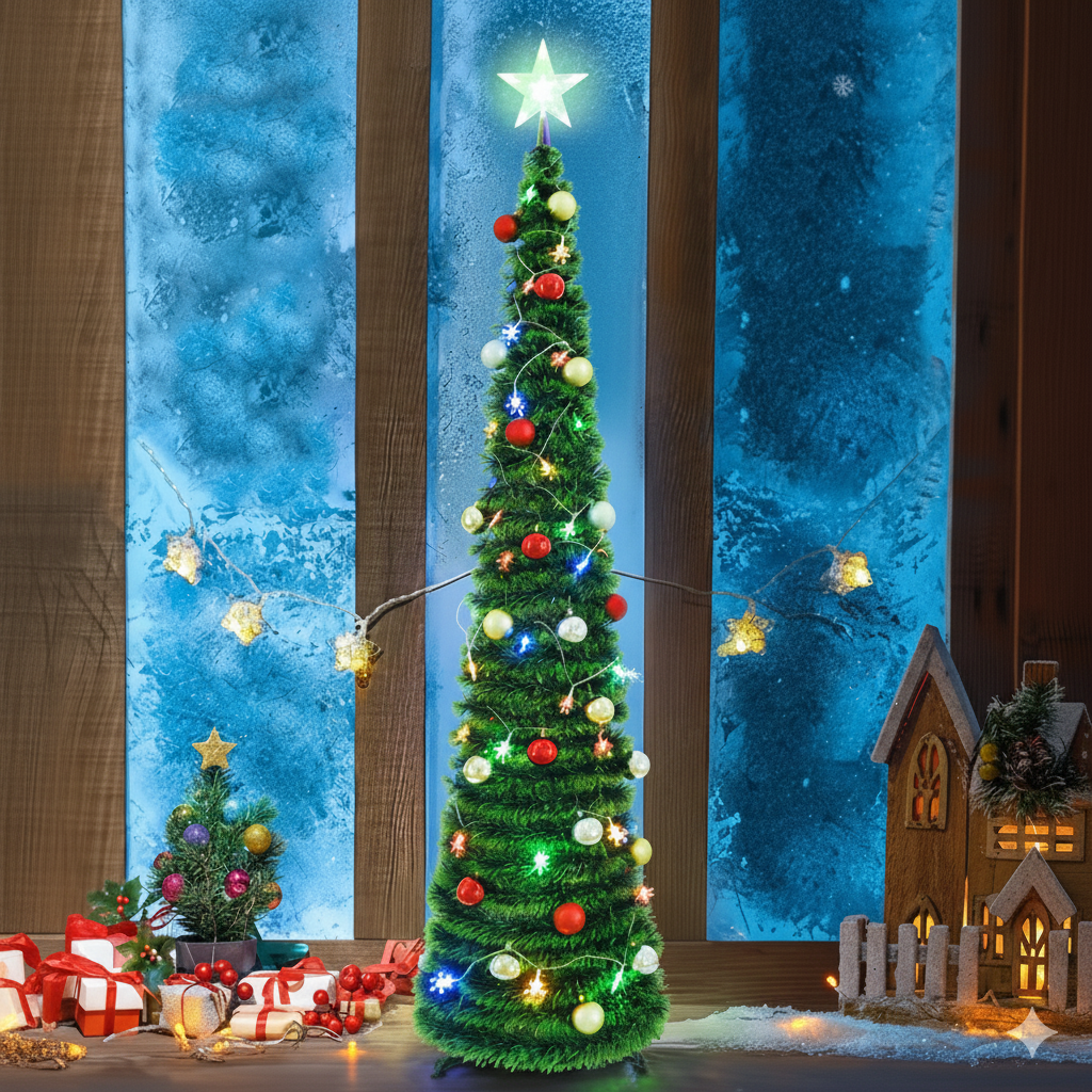 Waipfaru 5ft Pop up Christmas Tree with 3D Star 30 Ball Ornament, Artificial Collapsible Pencil Tinsel Xmas Tree for Christmas Decoration