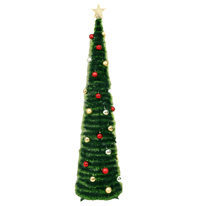Waipfaru 5ft Pop up Christmas Tree with 3D Star 30 Ball Ornament, Artificial Collapsible Pencil Tinsel Xmas Tree for Christmas Decoration
