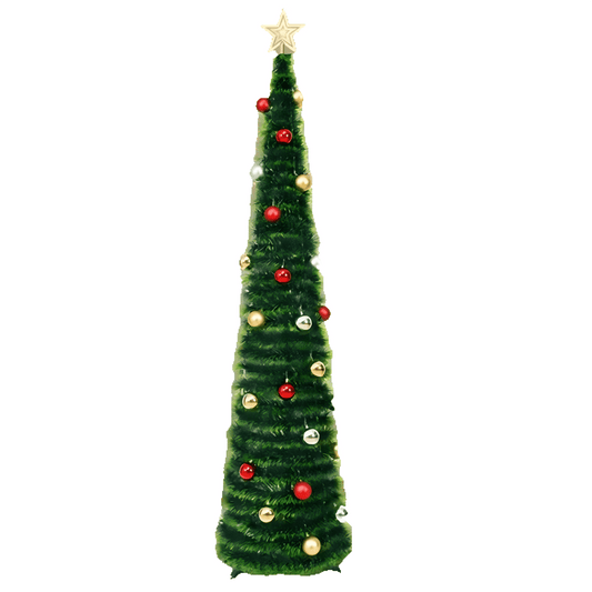 Waipfaru 5ft Pop up Christmas Tree with 3D Star 30 Ball Ornament, Artificial Collapsible Pencil Tinsel Xmas Tree for Christmas Decoration