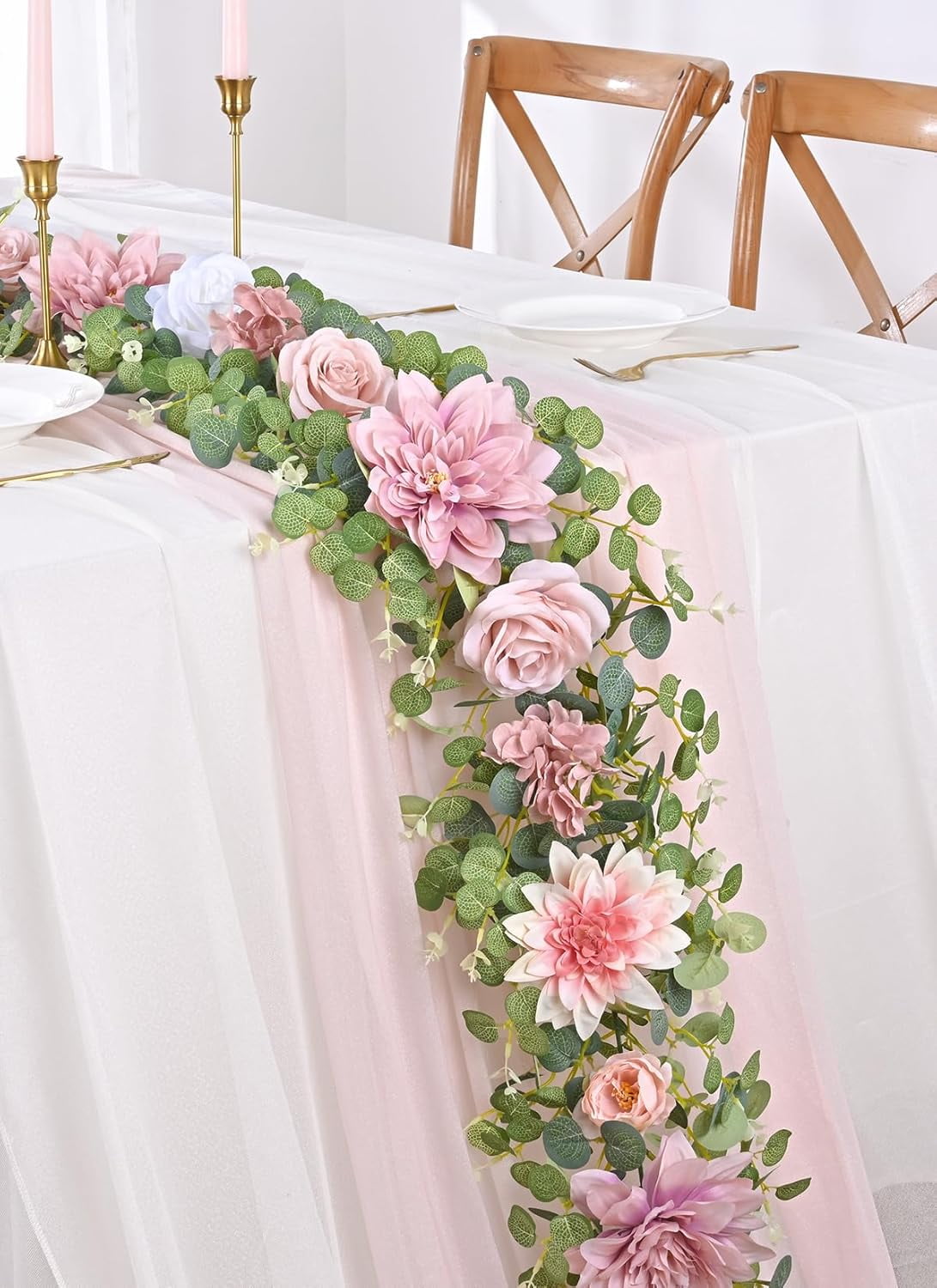 Waipfaru 6.07ft Pink Flower Garland, Artificial Eucalyptus Garland with Pink Roses, Fake Rose Floral Greenery Garland for Wedding Arch Table Wall Room Decor