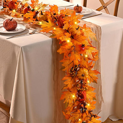 Waipfaru Fall Garland with Lights,6ft Maple Leaf Garland with Pumpkins, Berries&LED Lights,Battery Operated Thanksgiving Garland for Mantel, Fireplace, Tabletop